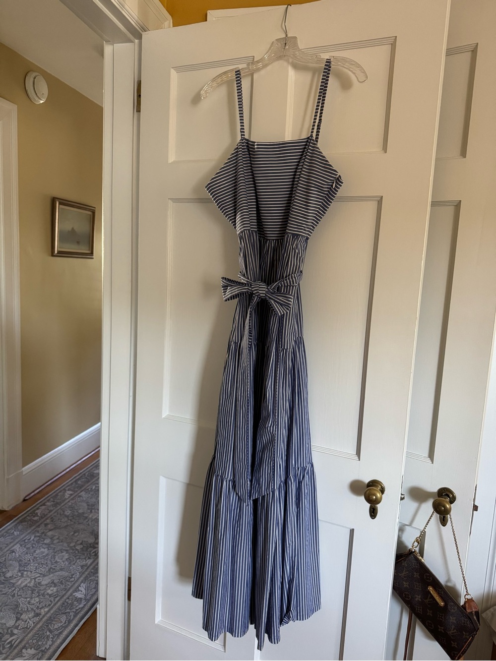 J.Crew Factory Cotton Poplin Blue Stripe Tiered Midi Dress